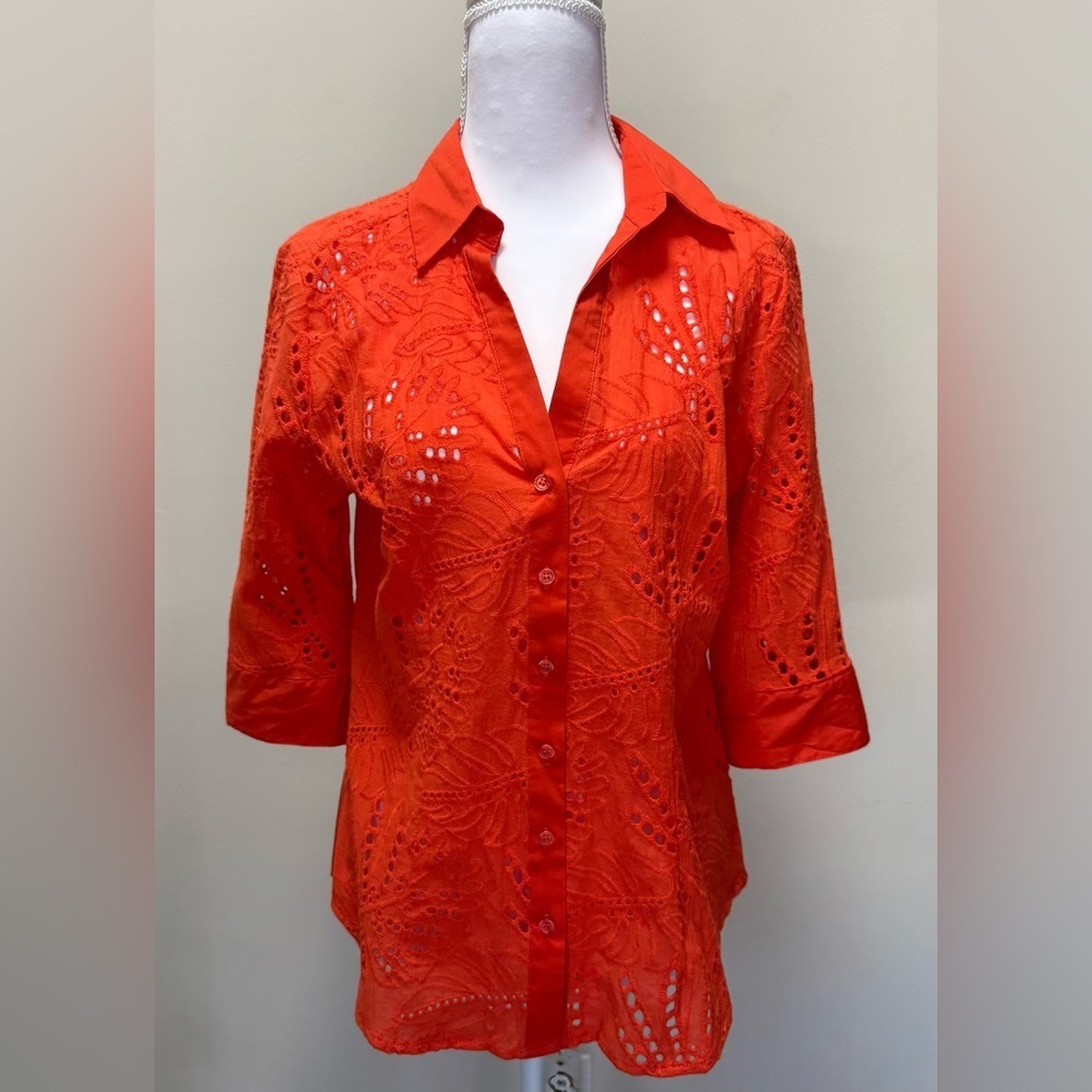 7TH AVENUE WOMEN’S ORANGE 1/2 SLEEVE BUTTONS-UP BLOUSE COTTON SIZE: S
